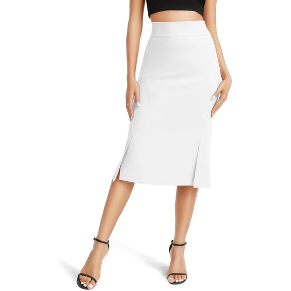 Dresses & Skirts - Women's White Stretch Office Fishtail Pencil High Waist Bodycon Slit Midi Skirt